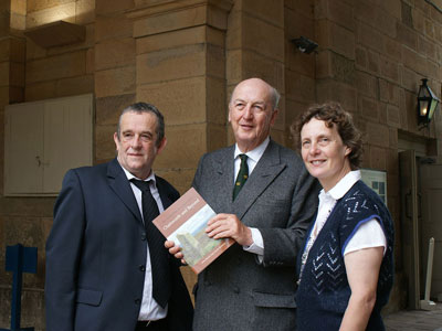 Chatsworth archaeology book launch - authors John Barnatt & Nicola Bannister with Duke of Devonshire (centre)