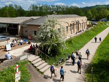 Walkers on the Monsal Trail at Hassop Station. 